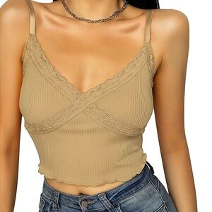 Ambiance Tan Ribbed Lace Trim Cropped Cami Size L